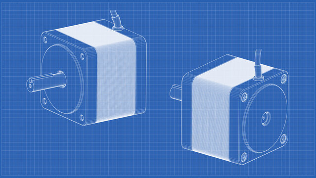 AC Stepper Motor for CNC- Technical Darwing. 3D rendering isolated on white background. 3D Mesh, Sketch, Vector style. Ideal for educational, engineering, and industrial design.