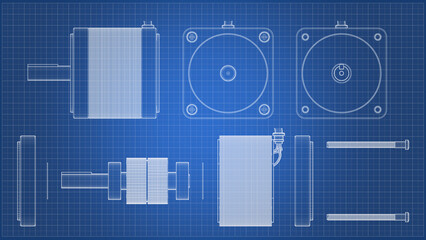 Fototapeta premium AC Servo Motor - Exploded View - technical drawing. 3D rendering isolated on blue background. 3D Mesh, Sketch, Vector style. Ideal for educational, engineering, and industrial design