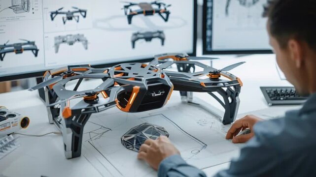 Innovative drone development unfolds in a bright, modern workspace where a designer scrutinizes a prototype, surrounded by detailed technical drawings on computer screens and manual sketches