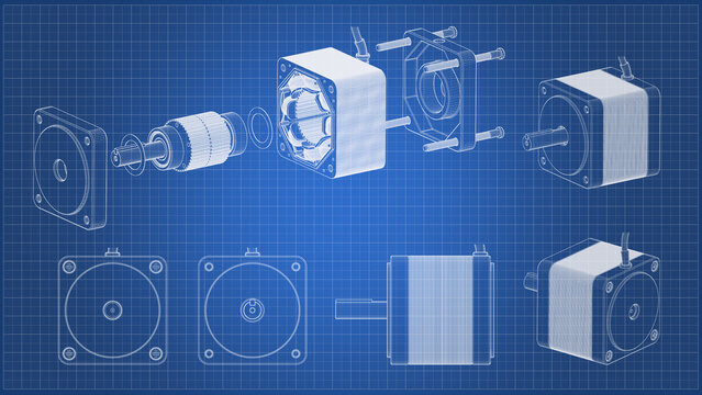 Stepper Motor Exploded View - Darwing. 3D rendering isolated on blue background. 3D Mesh, Sketch, Vector style. Ideal for educational, engineering, and industrial design.