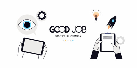 Illustration featuring an eye gears lightbulb rocket and hands with devices