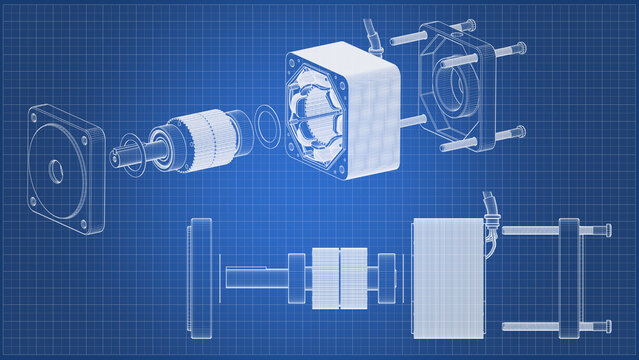AC Servo Motor for CNC and Robotics - Exploded View - Technical Darwing. 3D rendering isolated on blue background. 3D Mesh, Sketch, Vector style. Ideal for educational, engineering