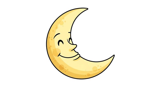 A smiling cartoon moon with a joyful face depicted in a simple illustration style