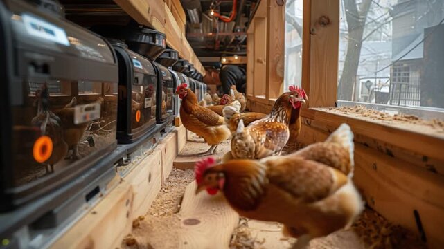 Poultry birds roam freely inside a modern farm chicken coop with large windows, flooded with morning light and sturdy wooden roosting structures, and are fed through automated feeders