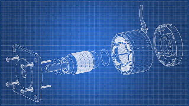 AC Servo Motor for CNC - Exploded View - Darwing. 3D rendering isolated on blue background. 3D Mesh, Sketch, Vector style. Ideal for educational, engineering, and industrial design.