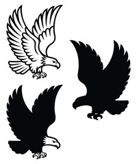 Obraz premium Eagle Silhouette Collection Set with Flying Bird Icons in Black and White.
