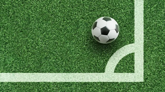 4K soccer field corner background with ball near arc and sideline, alpha channel overlay ready, large copy space for text, sports motion graphics footage