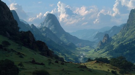 Aerial view of a lush green valley surrounded by towering mountains, with a winding river, dense forests,