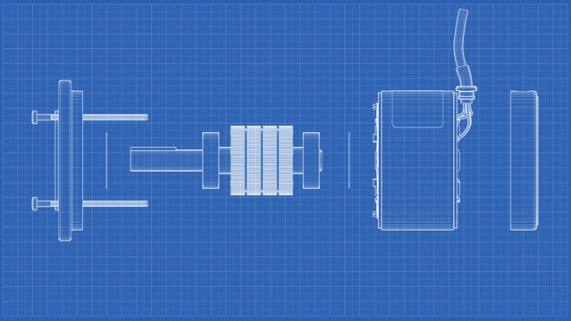 AC Servo Motor for CNC - Exploded View - Darwing. 3D rendering isolated on blue background. 3D Mesh, Sketch, Vector style. Ideal for educational, engineering, and industrial design.