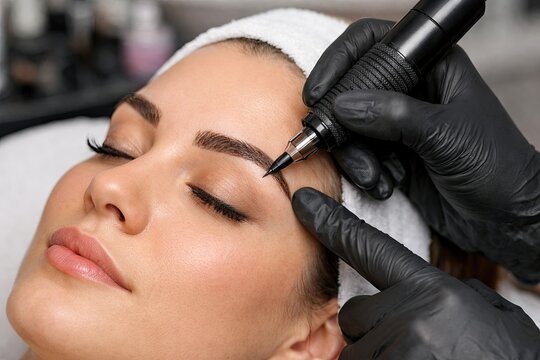 Permanent eyebrow tattooing procedure with black gloves and professional machine on woman&rsquo;s face close up