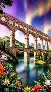 An ancient stone aqueduct bridge spans a serene river under a colorful aurora