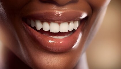 Naklejka premium Close up of a smiling black woman showing her healthy white teeth and lips