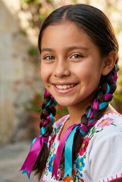 Young Mexican girl with braided hair and colorful ribbons smiling  