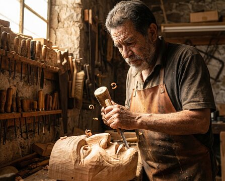 Elderly Mexican sculptor carving wooden mask in workshop with tools  