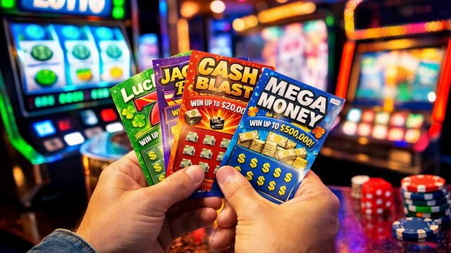 Person holding colorful scratch-off lottery tickets in vibrant casino environment with slot machines and poker chips