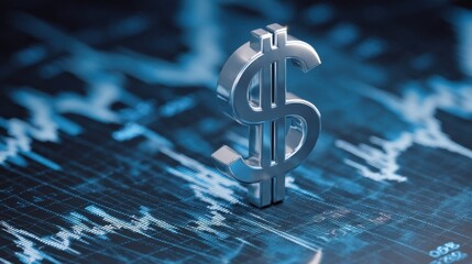 A large three-dimensional silver dollar sign stands prominently against a digital financial interface background with st