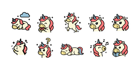 Unicorn Cute Mascot Kawaii Illustration Set