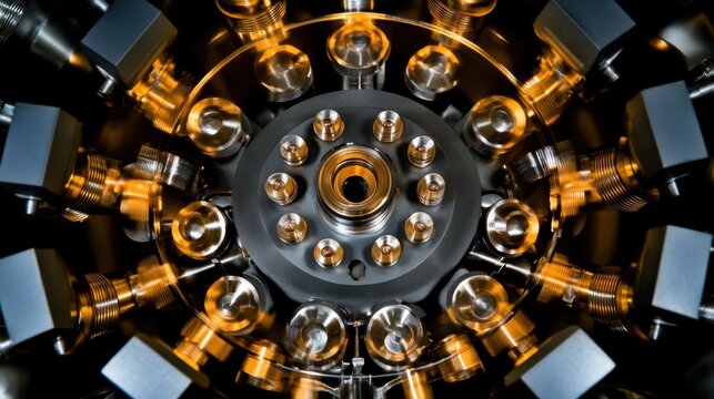 A meticulously crafted intricate mass spectrometer mechanism, displaying highly detailed metal components within its precise circular design, highlighting cutting-edge scientific engineering.