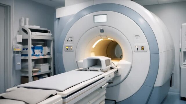 MRI scanner in hospital room with yellow radiation warning sign on wall indicating restricted medical imaging area