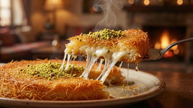 Sweet cheese pastry Kunafa with pistachios and syrup(チーズがとろける中東の伝統菓子クナーファ)