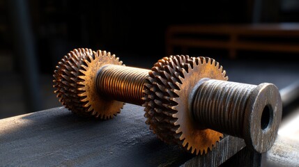 Intricate brass gears interlock on a robust threaded shaft, showcasing beautifully aged mechanical components, a testament to enduring craftsmanship.