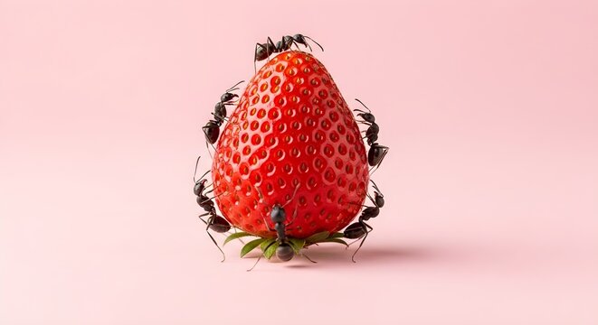 A group of ants working together to carry a ripe strawberry.
