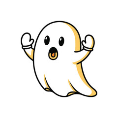 Obraz premium Cartoon ghost character in playful cute style with simple black outline and white yellow color on plain white background for halloween illustration