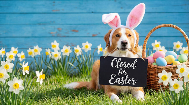 "Closed for Easter" chalkboard sign held by attentive dog wearing funny Easter bunny ears headband amid spring flowers and eggs