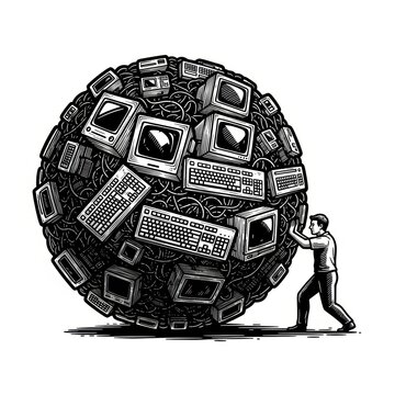 man pushing a giant sphere made of outdated electronics, symbolizing the burden of modern technology sketch engraving generative ai vector illustration.
