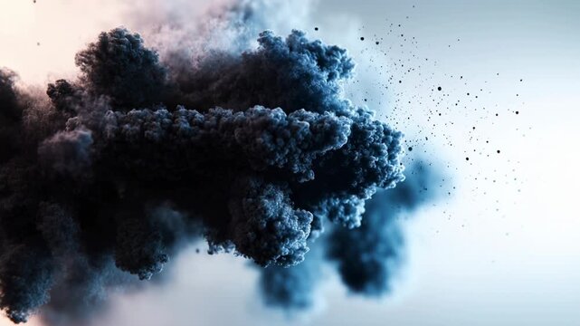 High detail dark blue smoke explosion expanding in mid air with scattered particles against a clean light background, ideal for abstract, dramatic or cinematic visual concepts