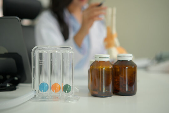 Triflow incentive spirometer on desk at doctor workplace