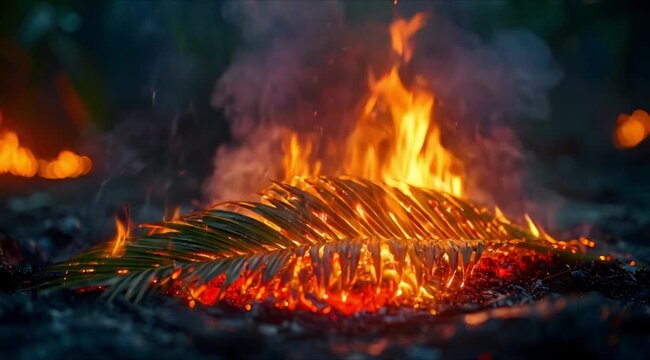 Burning palm leaves with orange flames and sparks creating holy ash for Ash Wednesday ritual