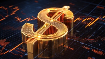 A large golden dollar sign constructed from digital currency symbols stands atop glowing orange financial charts with nu