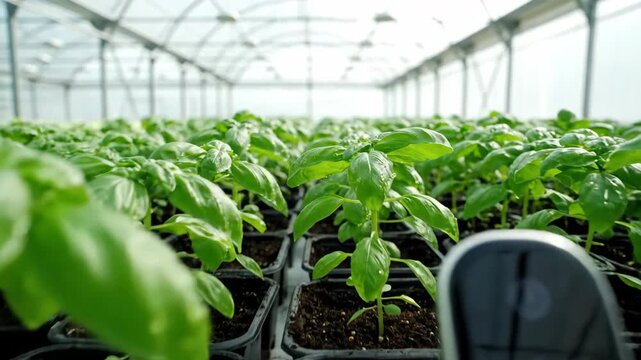 Close-up of a soil moisture meter in a greenhouse. Rows of young, green basil plants fill the frame, suggesting controlled cultivation and growth monitoring.