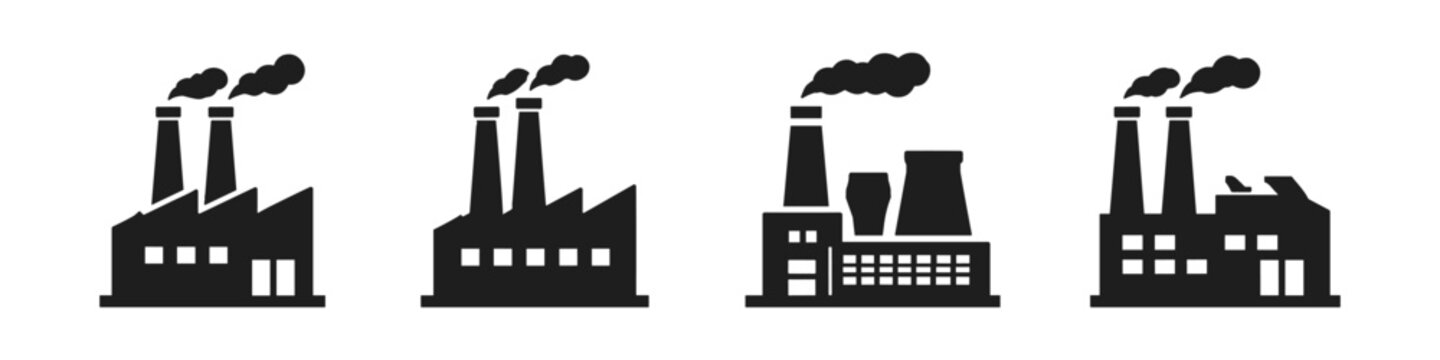Collection of industrial factory icons with smoke stacks emitting pollution
