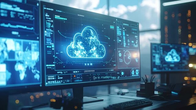 Digital Cloud in Office: A futuristic office scene showcases high-tech computer screens displaying cloud computing visuals and data analytics.
