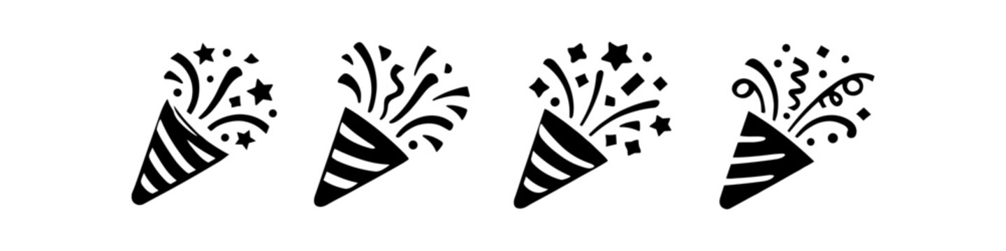 Set of four black party popper icons exploding with confetti and streamers