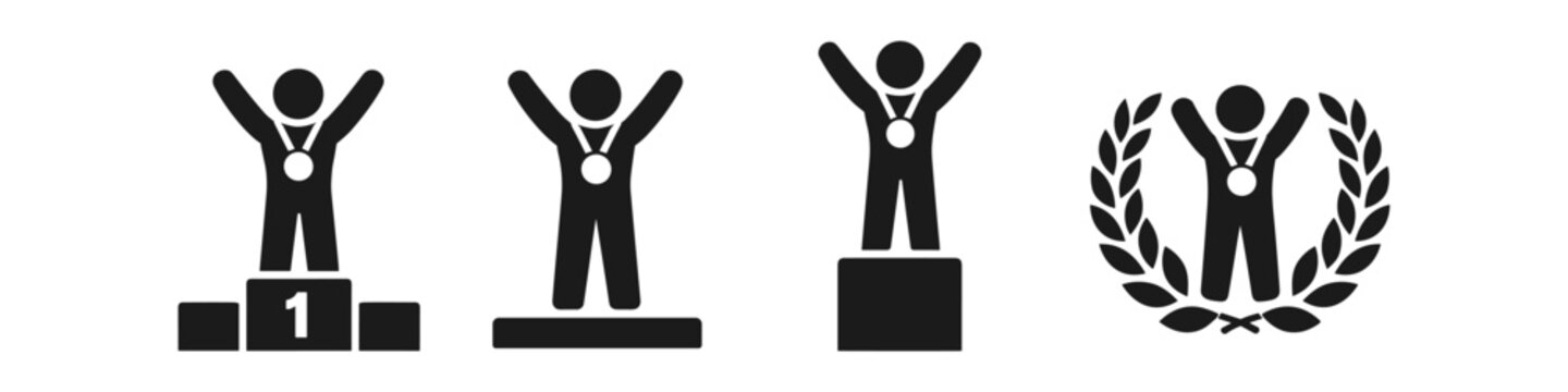 Set of icons representing winners on podiums and with laurel wreaths, celebrating success