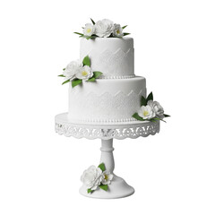 Elegant white wedding cake with delicate floral decorations on each tier isolated on transparent background