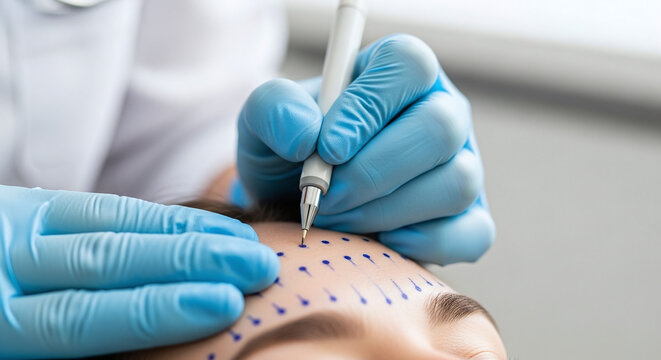 A medical professional administers botox treatment to a patient. The doctor wears blue gloves and uses a syringe on the patient's forehead, marked with dots.