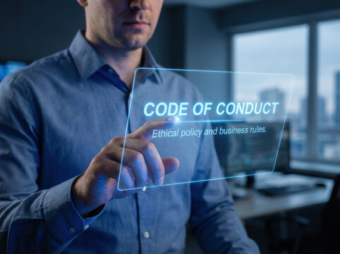 Businessman office touchscreen code of conduct blackboard style icons map puzzle concept shows concern belief ethical policy rule for corporation culture guide Code of conduct in business concept