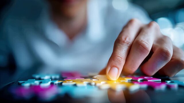 Business professional assembling colorful puzzle pieces on a table, symbolizing strategy, problem solving, and teamwork planning