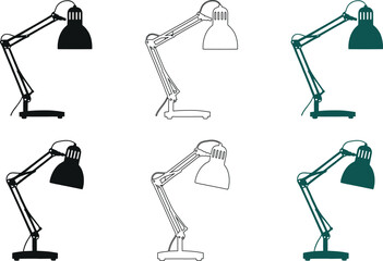 Multiple articulated desk lamps in black white and teal with detailed , lamp, desk lamp, articulated lamp, 