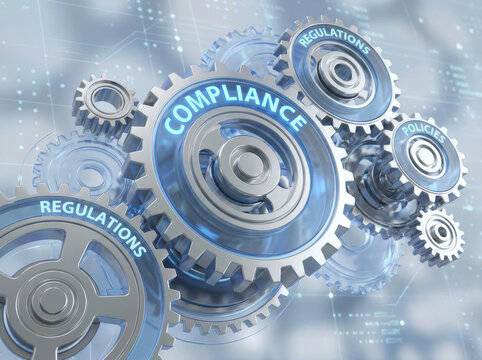 Compliance regulation policy concept gear mechanism metallic blue corporate governance system abstract background technology business risk control management Code of conduct in business concept