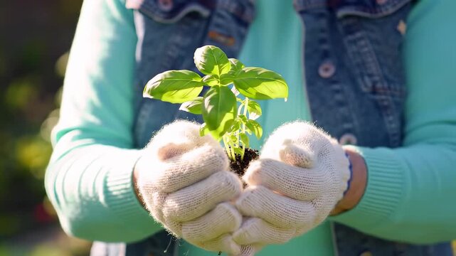Gardener hands in gloves holding small green plant seedling with soil