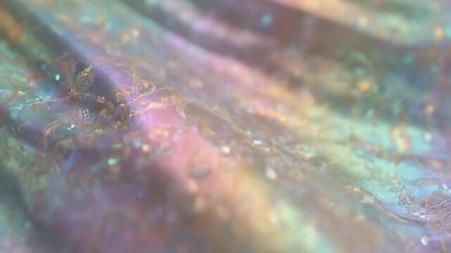 Iridescent fabric with an elegant embossed pattern shimmers in soft pastel