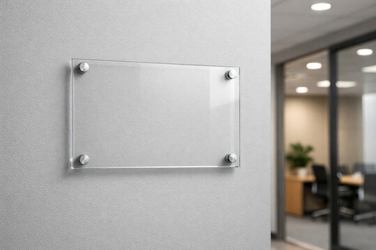 Blank glass nameplate mockup on office wall near entrance for branding