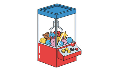 Claw Machine game with plush toys in isometric line art illustration