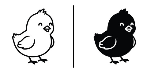 Cute Little Baby Chick Bird Vector Illustration Line Art and Silhouette Icon. © Vectorzone