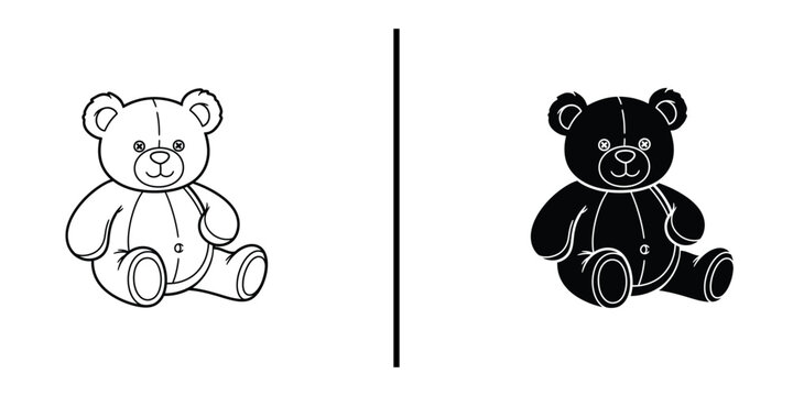 Cute Teddy Bear Sitting Vector Illustration Line Art and Silhouette Icon.